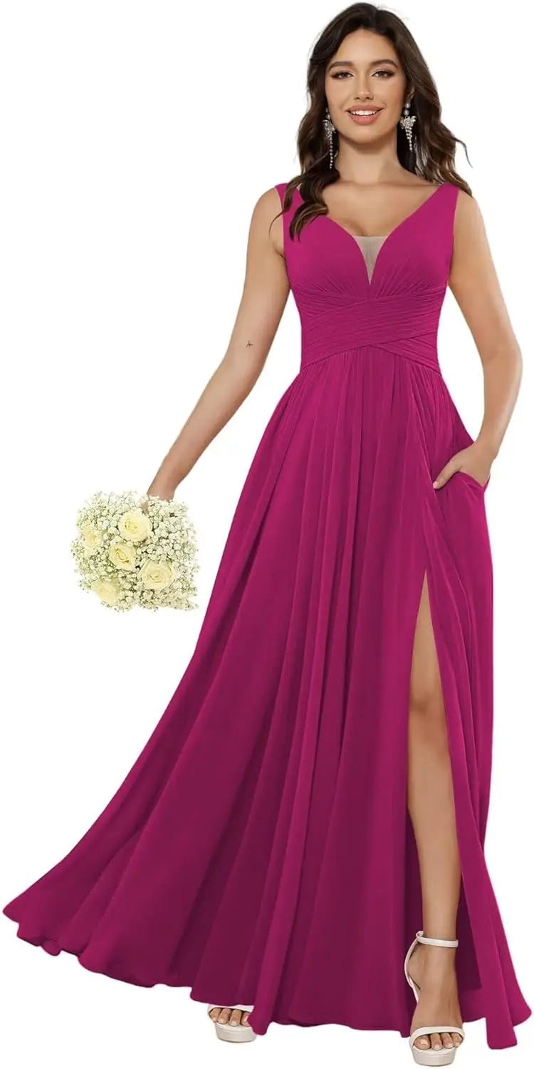Custom Made Women's Simple Chiffon Bridesmaid Dresses with Pockets Long V Neck Formal Evening Prom Gowns Dresses with Slit