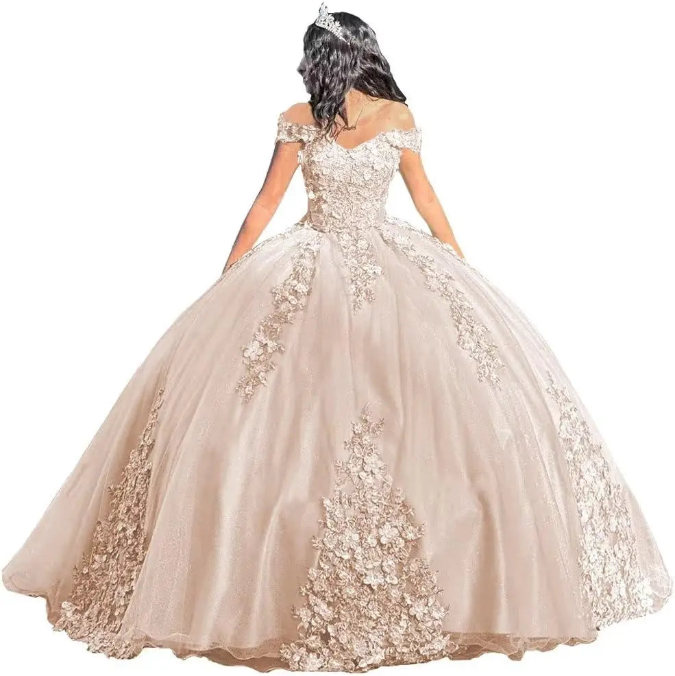 Luxury Off Shoulder Quinceanera Dresses Puffy Floral Lace Beaded Prom Dresses Sweet 15 16 Ball Gown with Train Quinceanera Gowns