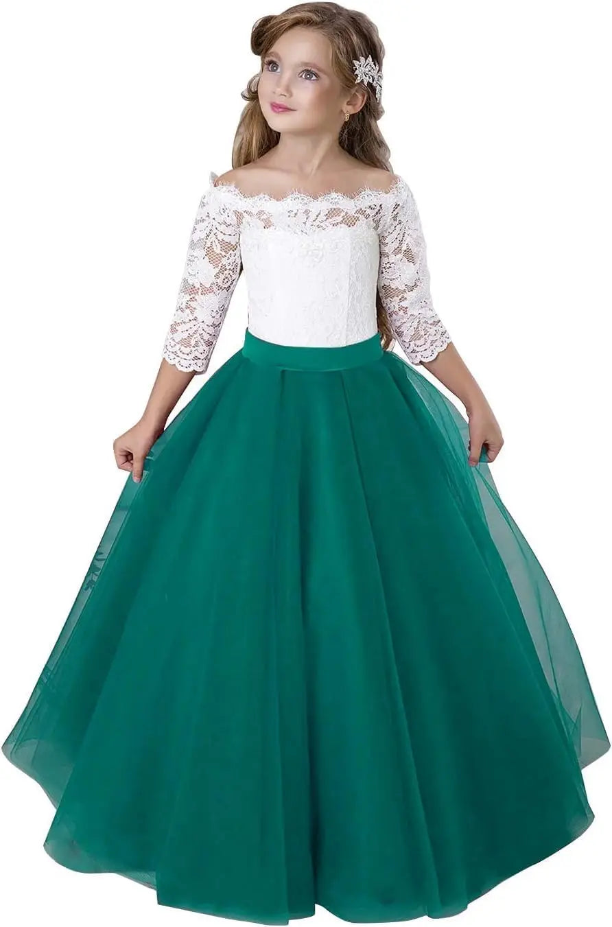 Blumenmädchenkleid Langarm Kinder Weiß Spitze Kinder Festzug Party Weihnachten Ballkleid Erstkommunion Kleider 