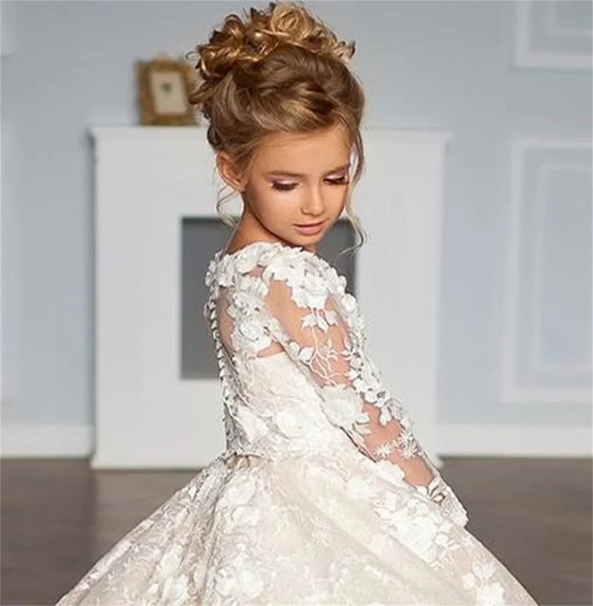 Apliques de encaje floral largo hasta el suelo, vestido de princesa para fiesta de cumpleaños infantil, comunión, vestidos blancos para niña de las flores para boda 