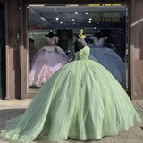 Tulle Quinceanera Dresses with Bow Puffy Off Shoulder Sweet 16 Dresses Sparkly Crystal Quince Dress with Train