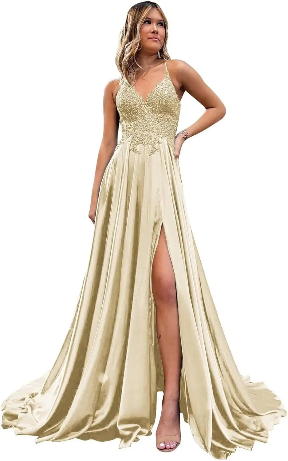 Spaghetti Strap Sequin Applique Prom Dresses with Slit A-Line Long Satin Sparkly Formal Evening Party Gowns party dress