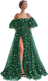 Sparkly Starry Tulle Prom Dresses for Women Slit Long Puffy Sleeve Glitter Star Formal Evening Party Gown Junior Bridesmaid Gown
