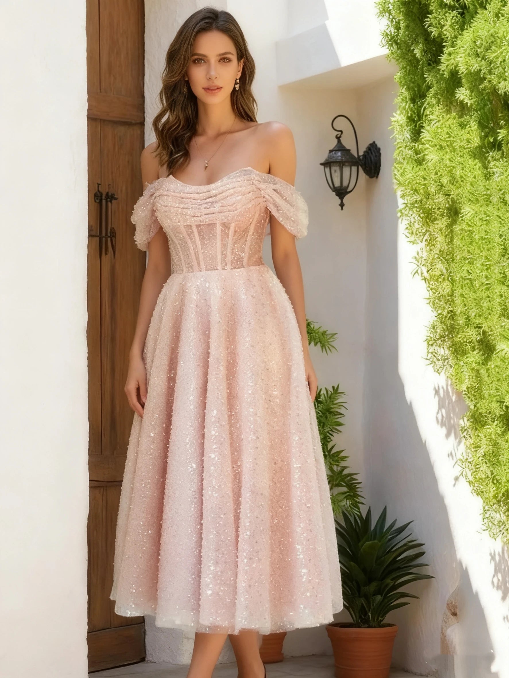 Sparkly Tulle Prom Dresses for Women Off Shoulder Pleated Formal Evening Party Gowns