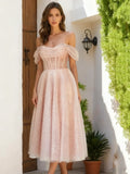 Sparkly Tulle Prom Dresses for Women Off Shoulder Pleated Formal Evening Party Gowns