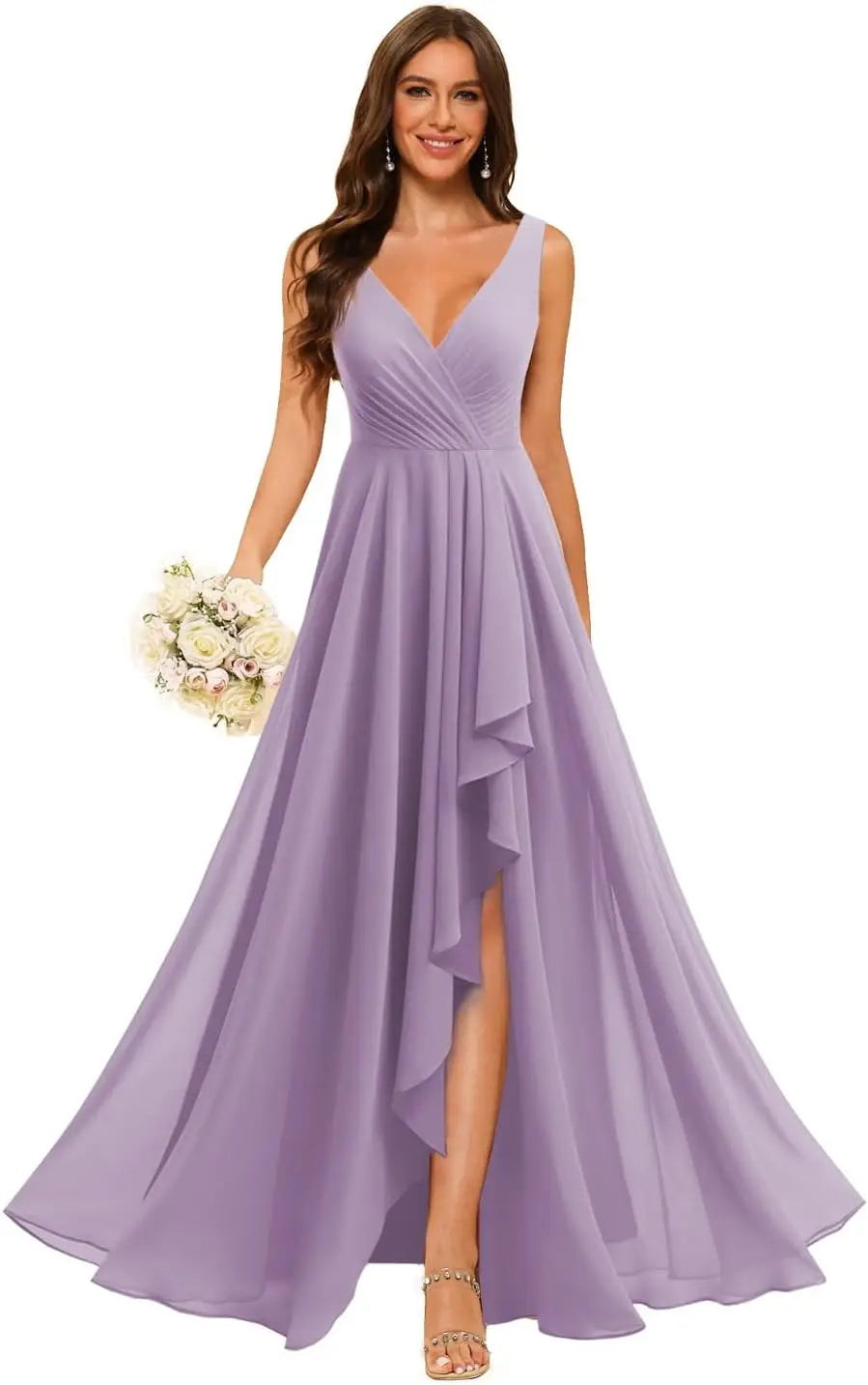 Women's V Neck Bridesmaid Dresses with Slit 2025 Chiffon A-line Formal Evening Gowns with Pockets bridesmaid dress for weddings