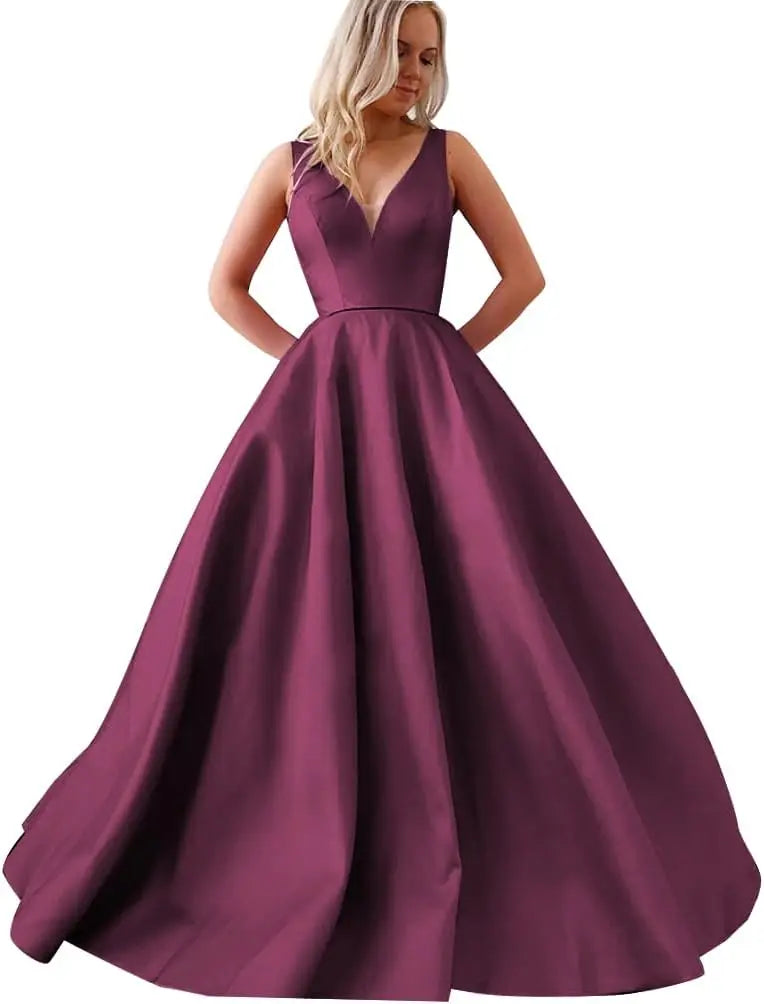 Satin A Line Wedding Dresses for Bride V Neck Prom Dresses with Pockets Simple Long Ball Gowns