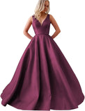 Satin A Line Wedding Dresses for Bride V Neck Prom Dresses with Pockets Simple Long Ball Gowns