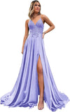 Spaghetti Strap Sequin Applique Prom Dresses with Slit A-Line Long Satin Sparkly Formal Evening Party Gowns party dress