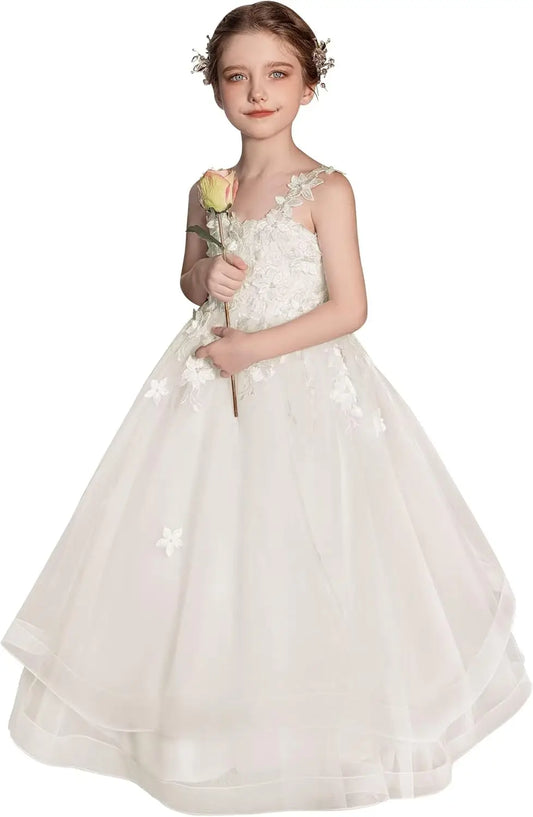 Erstkommunionkleider für Mädchen, Tüll-Blumenmädchenkleid für Hochzeit, Kleid mit 3D-Blumenapplikationen 