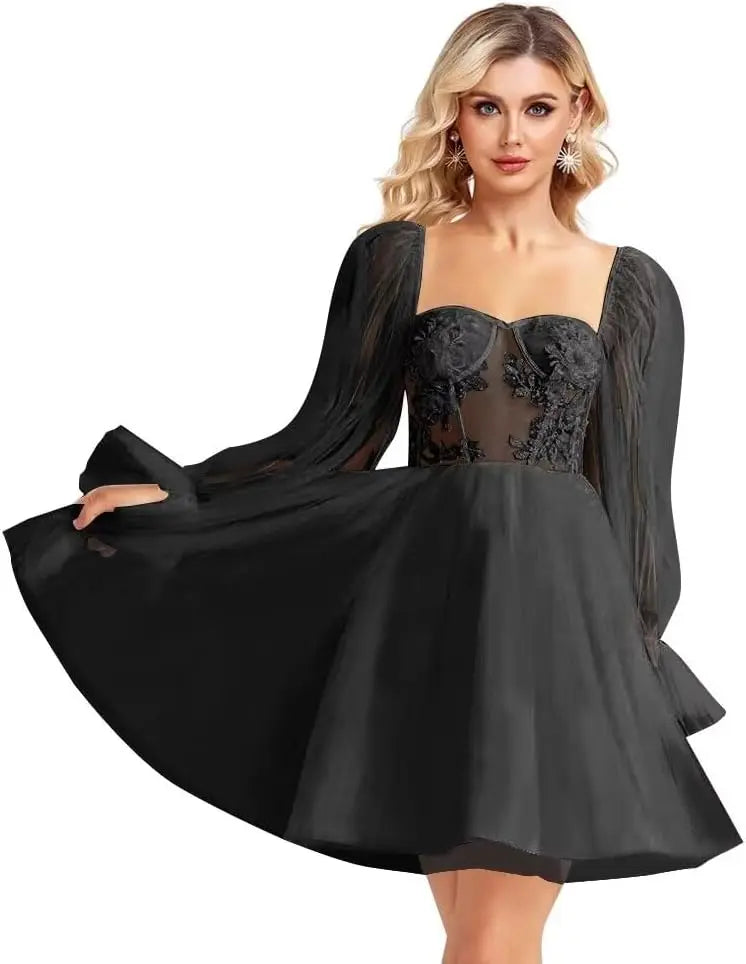 Langärmliges Tüll-Heimkehrkleid, kurzes Brautkleid, herzförmiger Ausschnitt, Spitzenapplikation, Ballkleider für Teenager, Cocktailkleid 