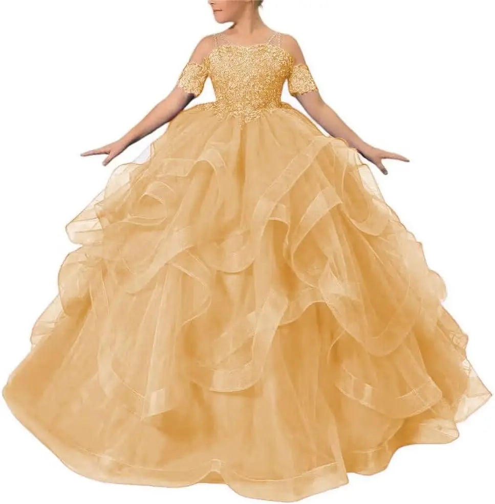 Vestidos de desfile de princesas para niñas de flores 2026 con encaje bordado, tallas grandes, tul en capas, vestidos de primera comunión para niñas. 
