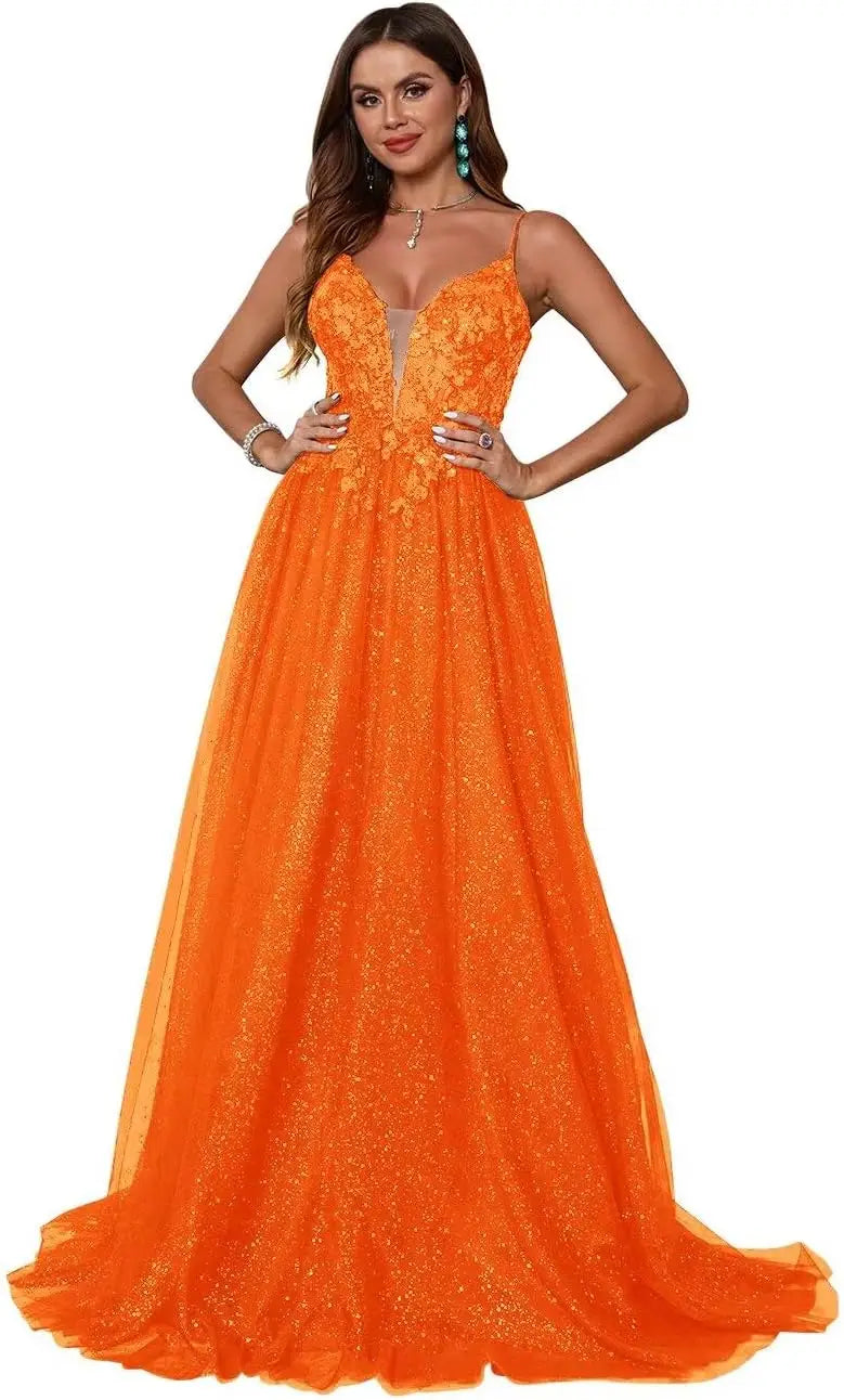 Glitzerndes Tüll-Ballkleid für Damen, Spaghettiträger, tiefer V-Ausschnitt, Spitzenapplikationen, Ballkleid, langes A-Linien-Abendkleid 