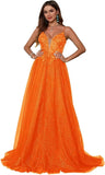 Glitzerndes Tüll-Ballkleid für Damen, Spaghettiträger, tiefer V-Ausschnitt, Spitzenapplikationen, Ballkleid, langes A-Linien-Abendkleid 