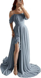 Elegantes schulterfreies Chiffon-Ballkleid für Brautjungfern mit Schlitz, lang, A-Linie, plissierte Rüschen, formelles Abendkleid für Damen 