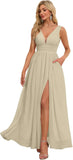 Vestidos de dama de honor con abertura y escote en V, vestidos de fiesta, línea A, plisados, para invitada de boda con bolsillos 