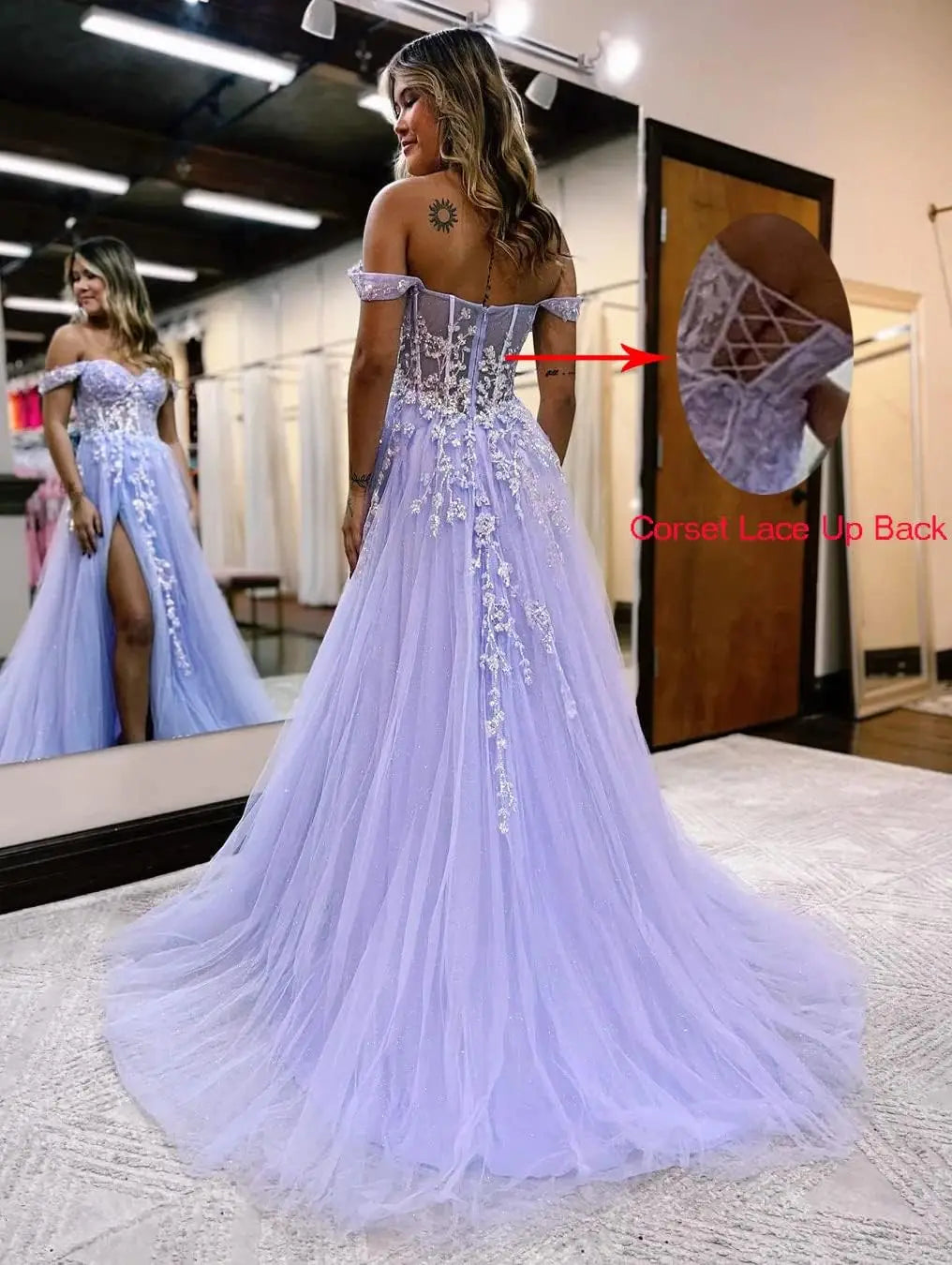 Vestido de fiesta de tul con hombros descubiertos, abertura, apliques de encaje brillante, corsé, vestido formal de fiesta de noche, vestidos de fiesta para mujer, noche 