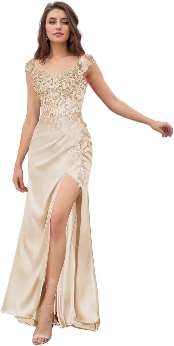 Elegant Satin Prom Dresses for Women Long 2025 3D Flower Lace Applique Off Shoulder Formal Evening Wedding Party Gown with Slit