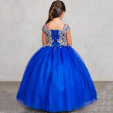 Vestidos de princesa para banquete de fiesta de cumpleaños, vestidos de niña de las flores personalizados, azul real, estampado dorado, apliques sin mangas para boda 