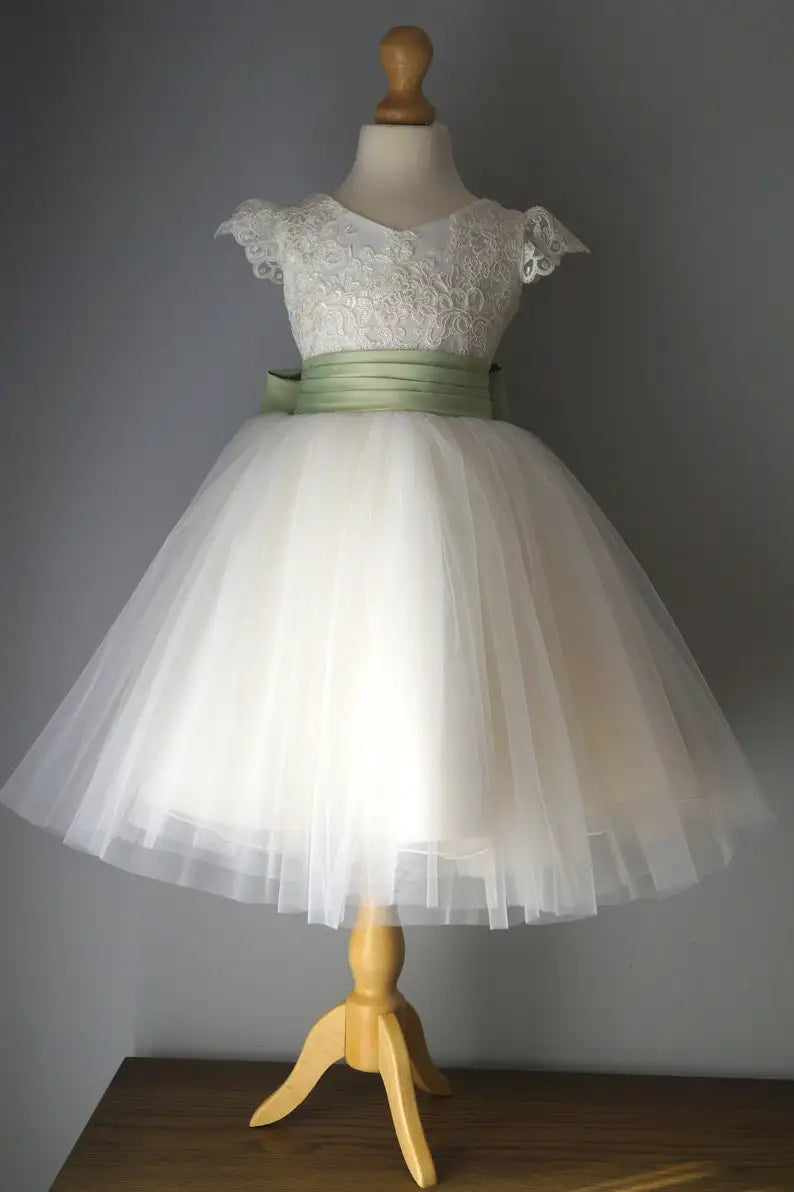 Flower girl dress, Sage Sashes, Birthday Baby Dresses Lace Tulle First Communion Gowns Wedding princess Kids ball gown