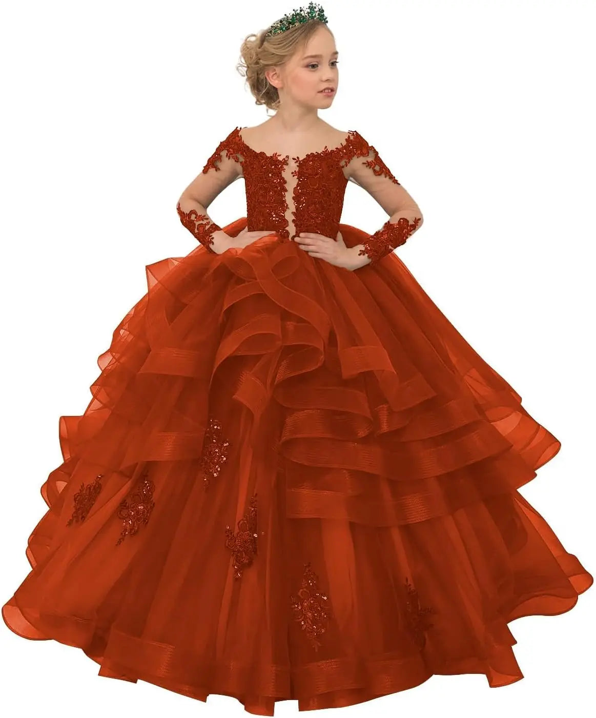 Long Sleeve Flower Girl Dresses Laces Applique Beaded Princess Pageant Dress Beaded Ruffle Tulle Kids Prom Party Gown