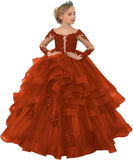 Long Sleeve Flower Girl Dresses Laces Applique Beaded Princess Pageant Dress Beaded Ruffle Tulle Kids Prom Party Gown