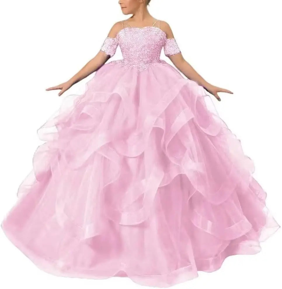 Vestidos de desfile de princesas para niñas de flores 2026 con encaje bordado, tallas grandes, tul en capas, vestidos de primera comunión para niñas. 