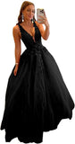 Tulle Prom Dresses for Women V Neck Applique Ball Gowns for Teens Women's Long Formal Evening Gowns with 3D Flower