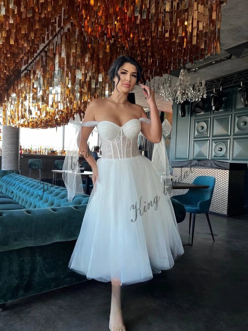 Vestidos de novia cortos de playa de tul con encaje, vestido de novia sencillo, vestido de novia blanco para mujer 2025 