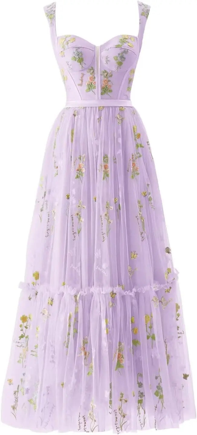Custom Made Women's Flower Embroidery Tulle Prom Dresses Tea Length Corset A Line Fairy Formal Evening Party Gown Bridesmaid