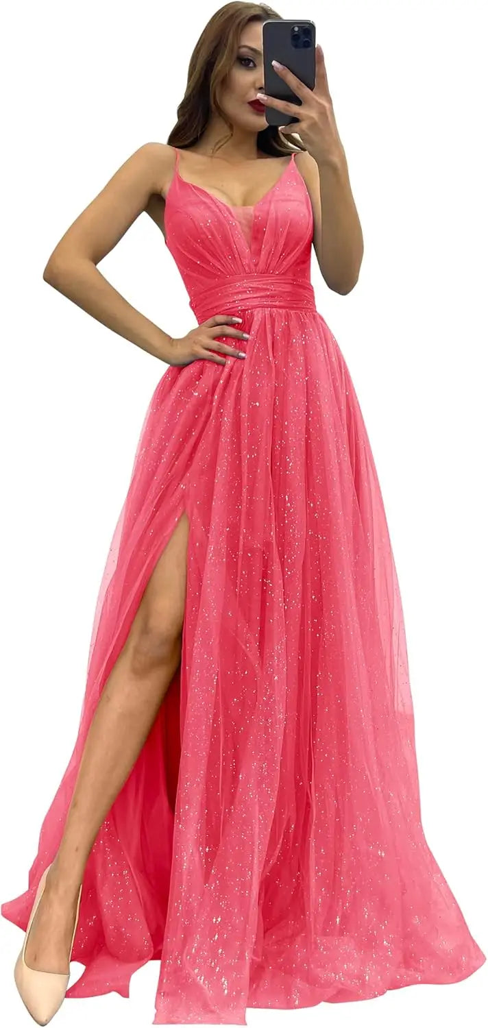 2025 Sparkly Tulle Formal Prom Dress Pleated A-Line Ball Gown with Spaghetti Straps Slit for Women Evening Dresses