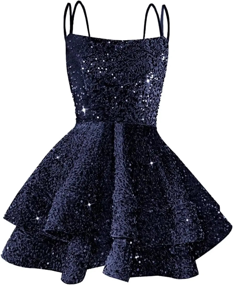Hübsches, funkelndes Pailletten-Heimkehrkleid für Teenager, kurzes, gestuftes Ballkleid mit quadratischem Ausschnitt und A-Linie, Cocktail-Club-Partykleid 