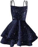 Hübsches, funkelndes Pailletten-Heimkehrkleid für Teenager, kurzes, gestuftes Ballkleid mit quadratischem Ausschnitt und A-Linie, Cocktail-Club-Partykleid 