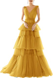 Vestidos de fiesta largos con escote en V doble para mujer, 2025, de tul escalonado, corte A, plisados, formales, para fiesta de noche. 