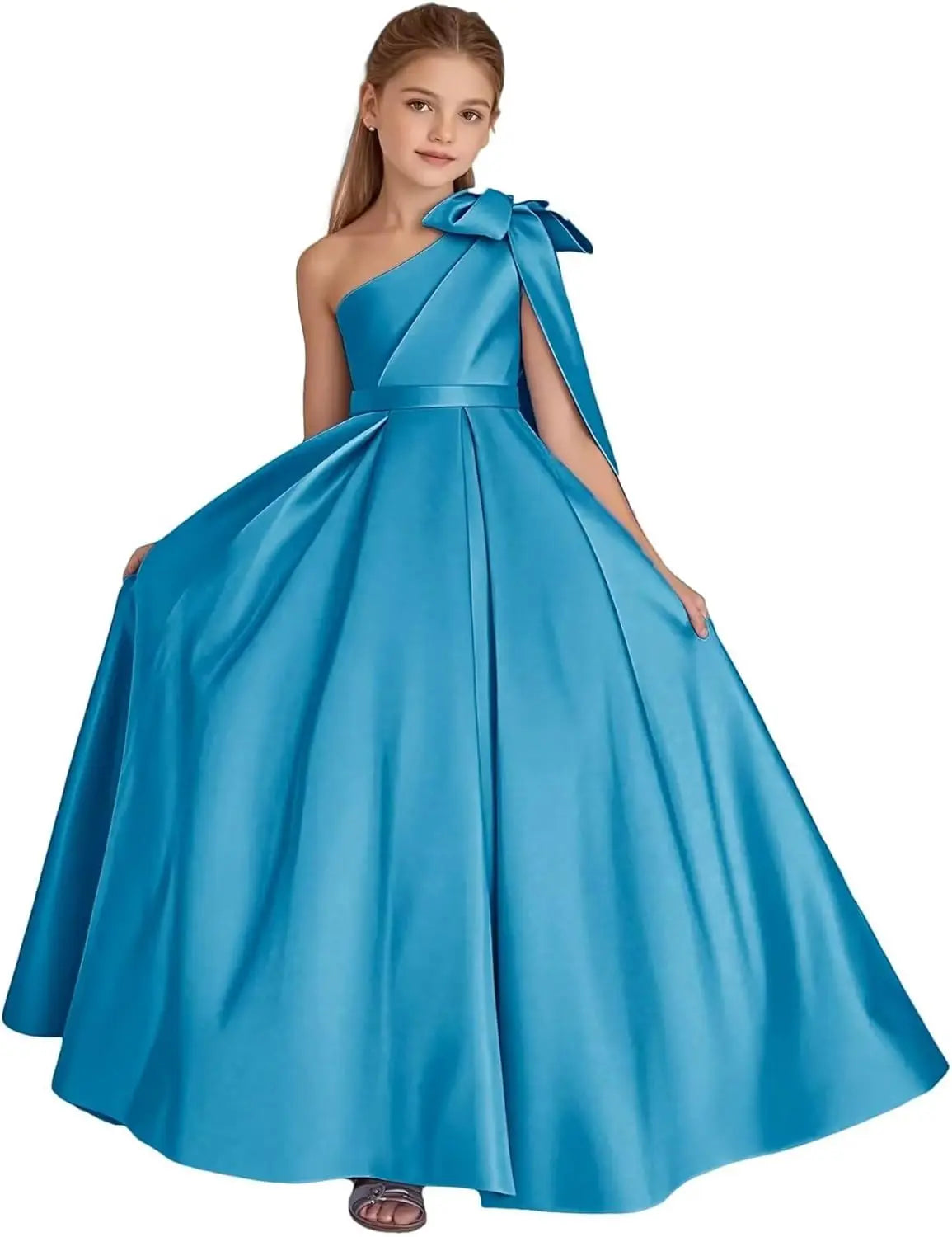 One-Shoulder-Satin-Blumenmädchenkleider, lange Festzugskleider für Mädchen, Ballkleid mit Schleife, Prinzessinnenkleid, Partykleider
