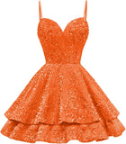 Tiered Sequin Homecoming Dresses Short for Teens 2025 Spaghetti Straps A-Line Prom Dress mini dress  party dresses