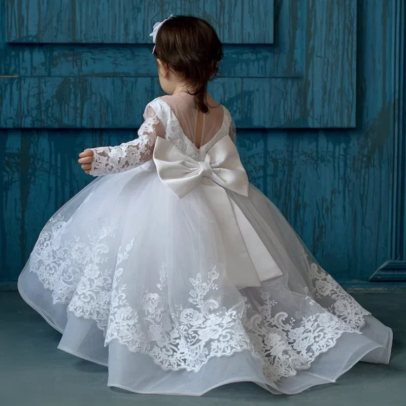 Baby Taufkleider Tüll Weiß Applikationen Mit Schleife Langarm Für Hochzeit Geburtstag Heilige Kommunion Kleider Blumenmädchenkleider 