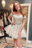 Hübsches kurzes Heimkehrkleid mit Spitzenapplikation für Teenager, glitzernder Tüll, schulterfrei, formelles Abschlussball-Cocktailkleid, Clubkleid 