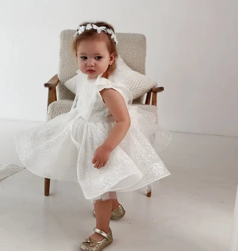 White Sparkling Flower Girl Dress Birthday Girl Dress Glitter Toddler Dress, Prom Gown, First Communion Dress, Special Occasion