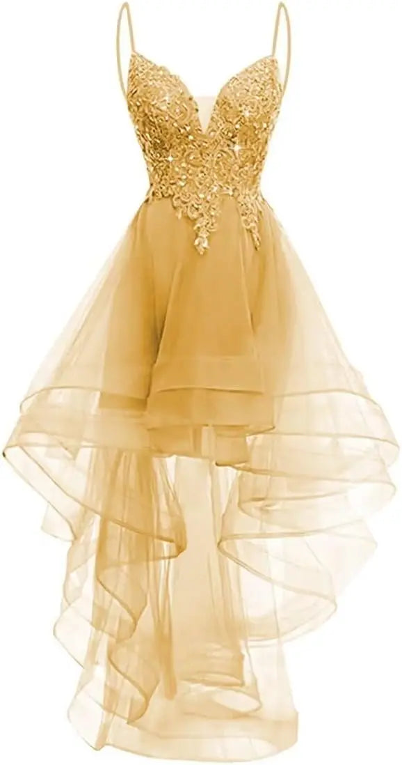 Lace Applique Homecoming Dresses 2025 High Low Spaghetti Straps Tulle Short Prom Dress for Teens Glitter Quinceanera Dress Gowns