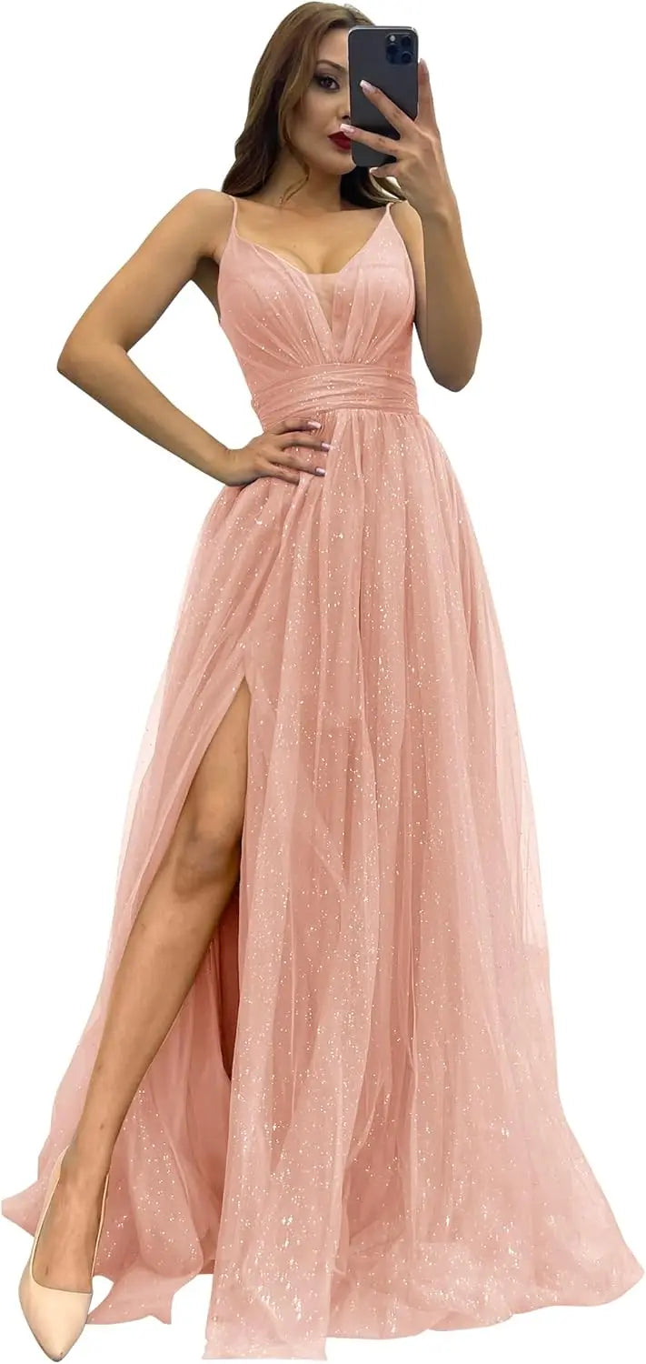 2025 Sparkly Tulle Formal Prom Dress Pleated A-Line Ball Gown with Spaghetti Straps Slit for Women Evening Dresses