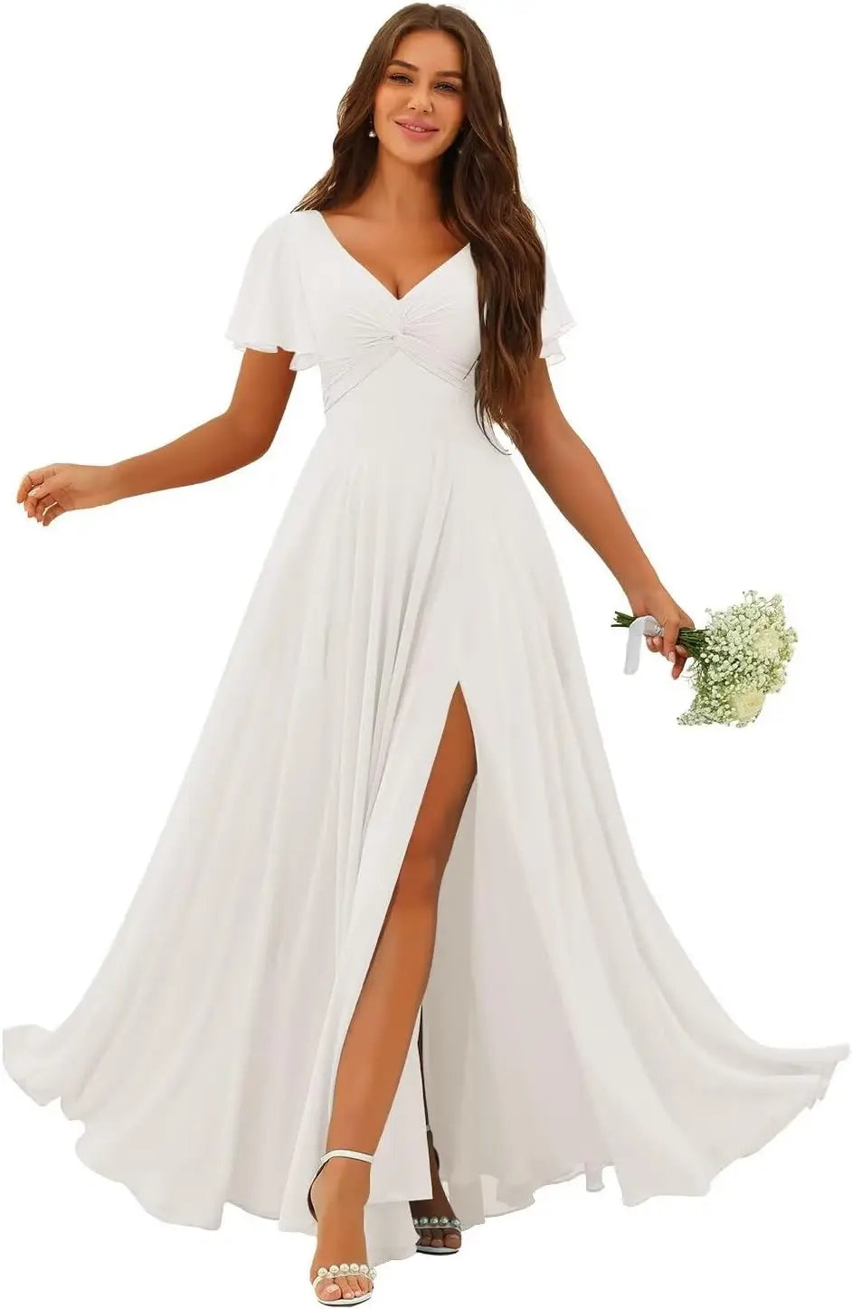 Custom Made Flutter Sleeves Split Bridesmaid Dresses with Slit Long V Neck Empire Waist Formal Evening Dress for Women Wedding
