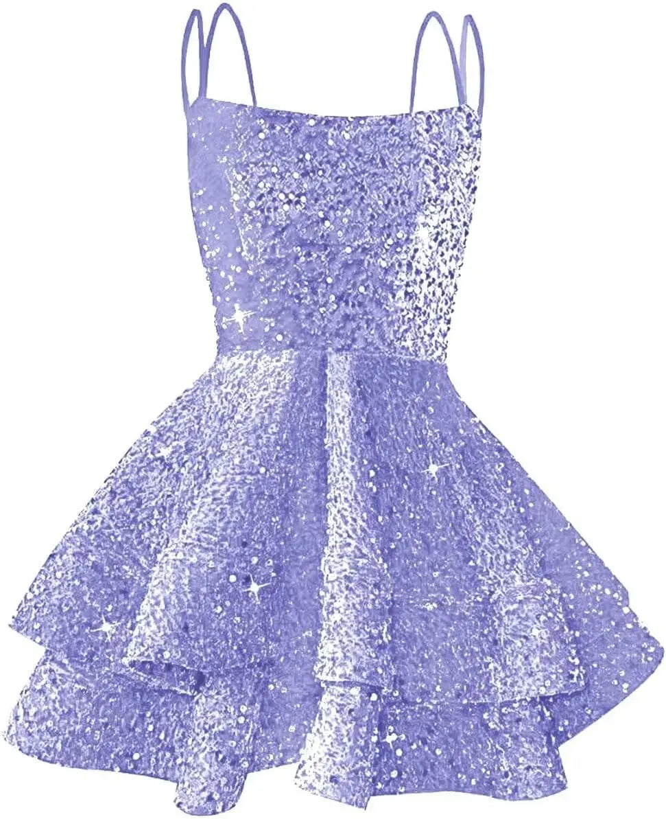 Hübsches, funkelndes Pailletten-Heimkehrkleid für Teenager, kurzes, gestuftes Ballkleid mit quadratischem Ausschnitt und A-Linie, Cocktail-Club-Partykleid 