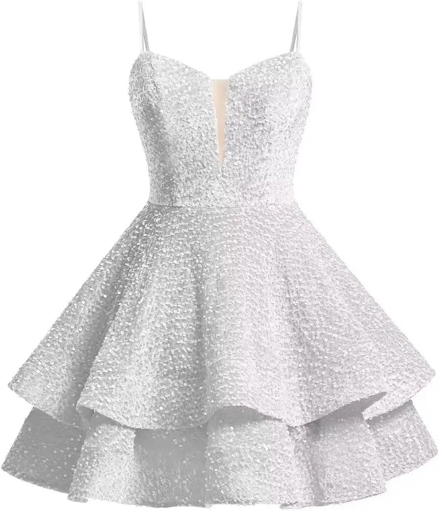 Vestidos de fiesta cortos con lentejuelas brillantes para adolescentes, de Pretty Girls Club, 2025, con tirantes finos, minivestido de cóctel formal con capas 