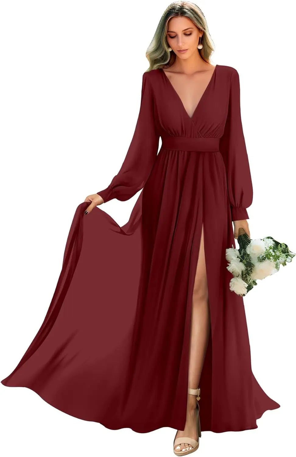 Long Sleeve Bridesmaid Dresses with Slit Pleated Wedding Party Gowns V Neck Chiffon Long Formal Dress evening dress