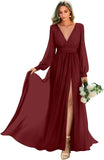 Long Sleeve Bridesmaid Dresses with Slit Pleated Wedding Party Gowns V Neck Chiffon Long Formal Dress evening dress