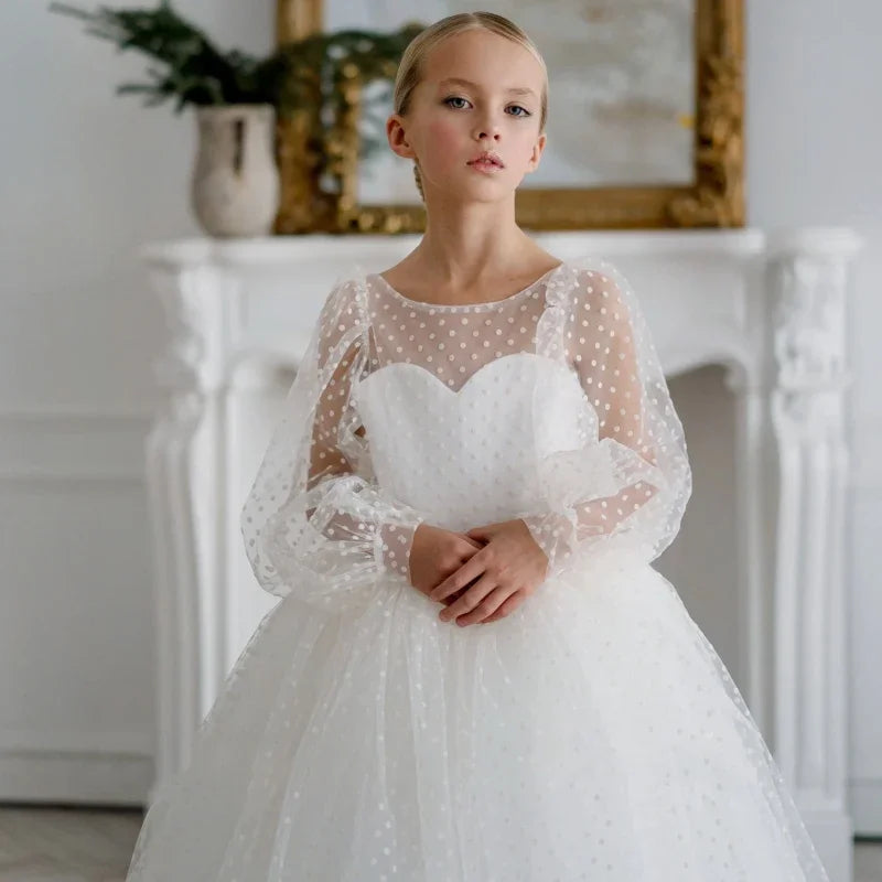 Birthday Banquet First Communion Gowns Flower Girl Dresses White Tulle Polka Dot Skirt With Bow Long Sleeve For Wedding