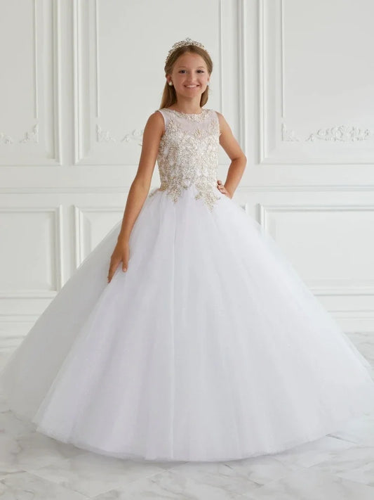 Vestidos de tul rosa con apliques dorados y esponjosos sin mangas para bodas, fiestas de cumpleaños, banquetes, comuniones y niñas de las flores. 