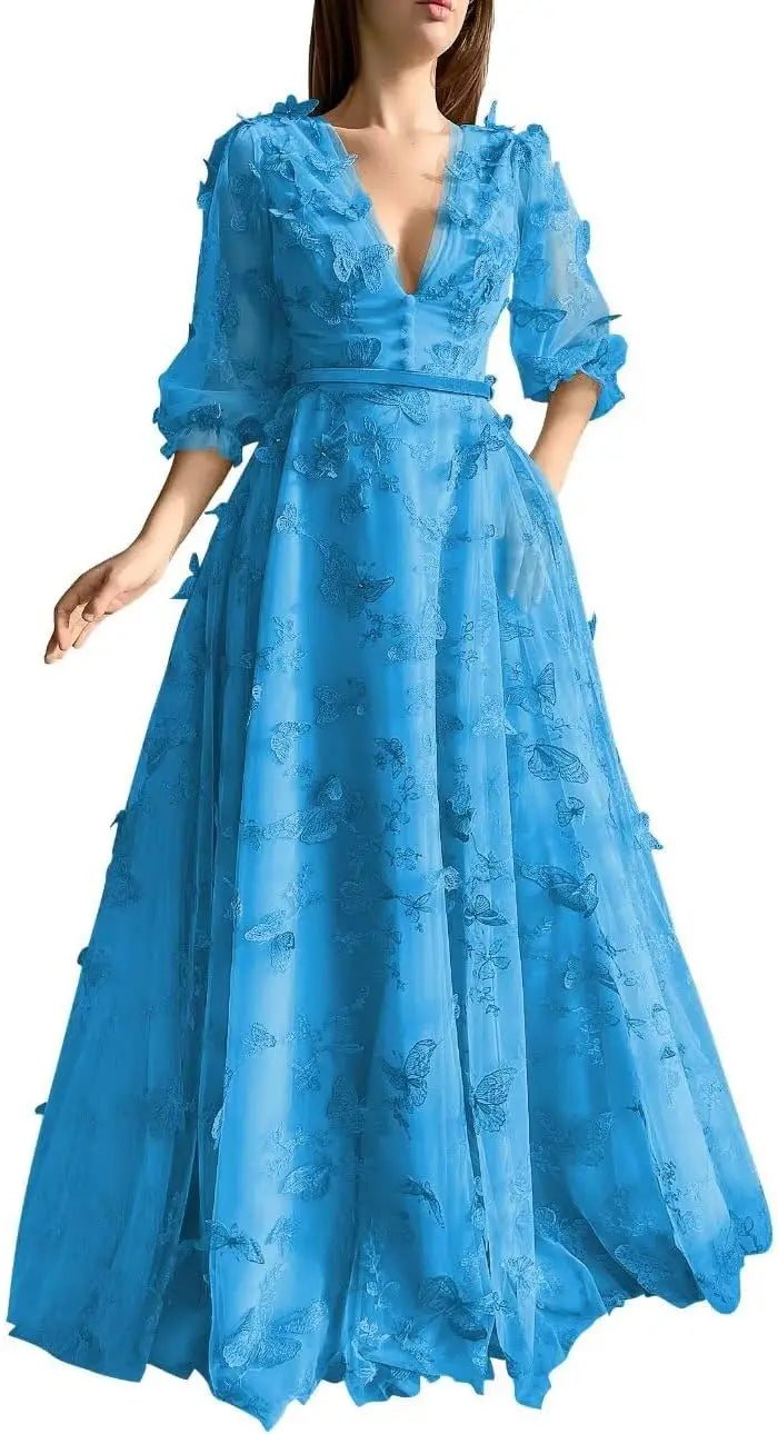 Damen Ballkleid mit Puffärmeln, 3D-Schmetterling, langer V-Ausschnitt, Tüll, Ballkleid, formelles Abendkleid 