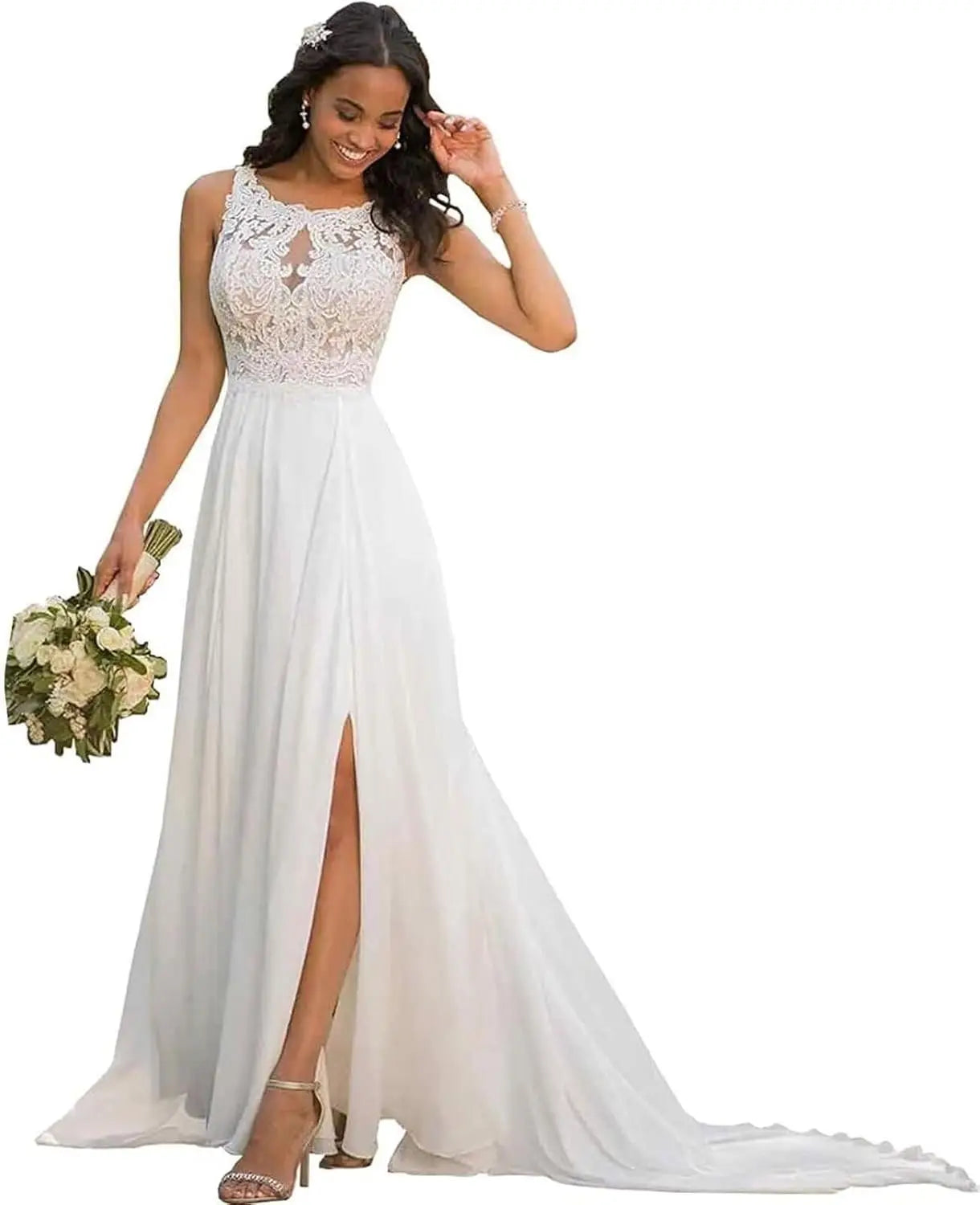 Vestido de novia bohemio largo con abertura en forma de A, elegante, de gasa y encaje, hecho a medida, para playa, 2026 